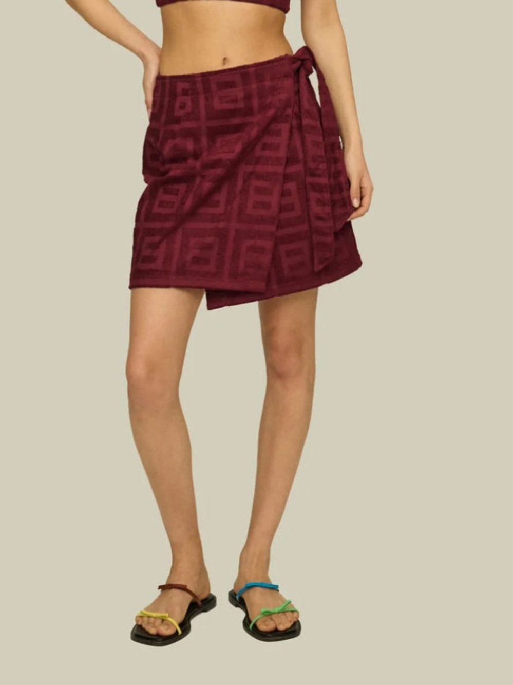 OAS Burgundy Cove Mini Wrap Skirt with Geometric Texture size XS/S NWT